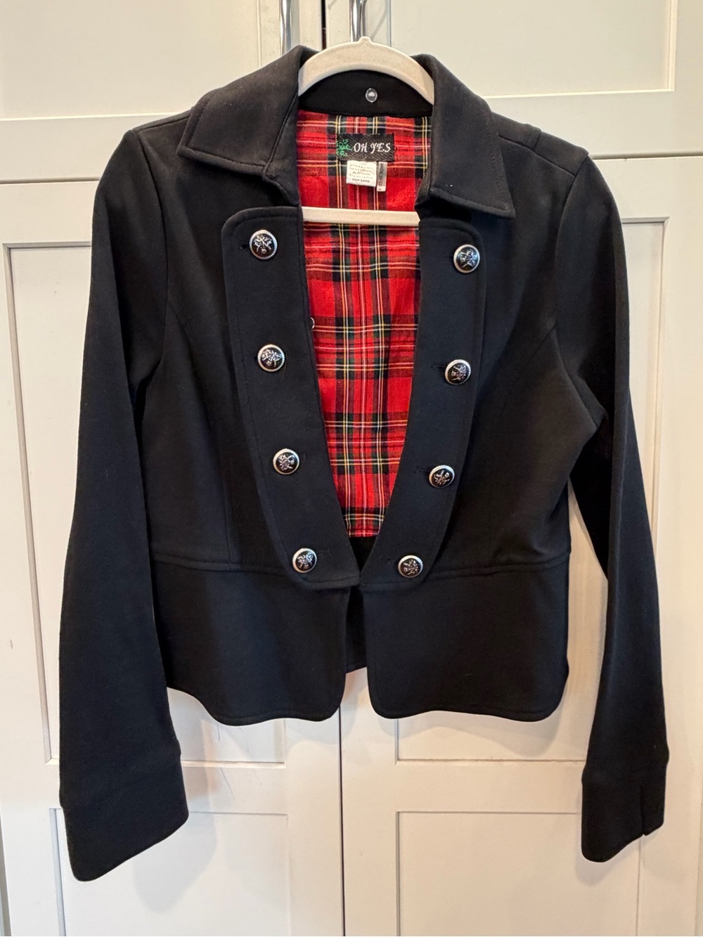 Black Cotton Military-Style Blazer with Red Plaid Lining